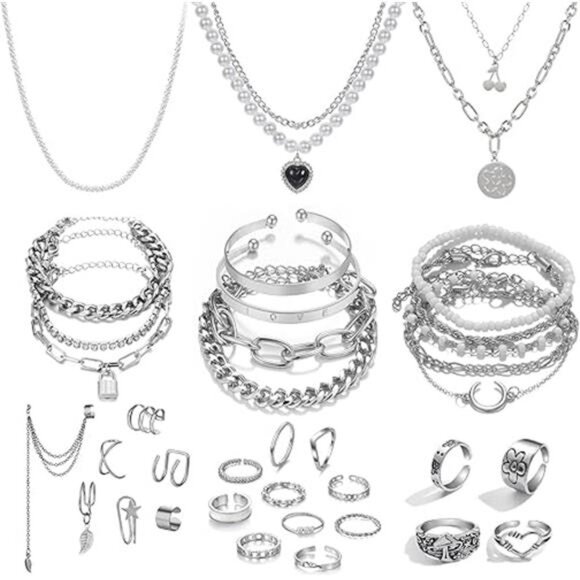 36 PC Silver Plated Jewelry Set With 3 Necklace, 12 Bracelet, 7 Ear Cuffs - Picture 8 of 8